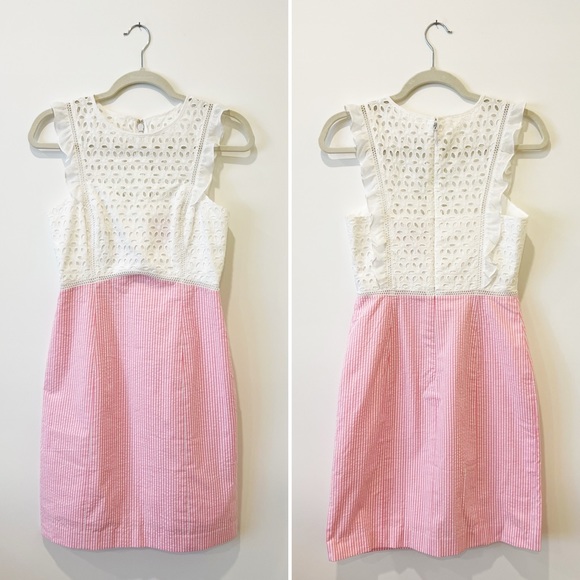 Lilly Pulitzer Maya Shift Dress Pink Tropics Seersucker Eyelet Ruffled Lace Sz 0 - Picture 7 of 10